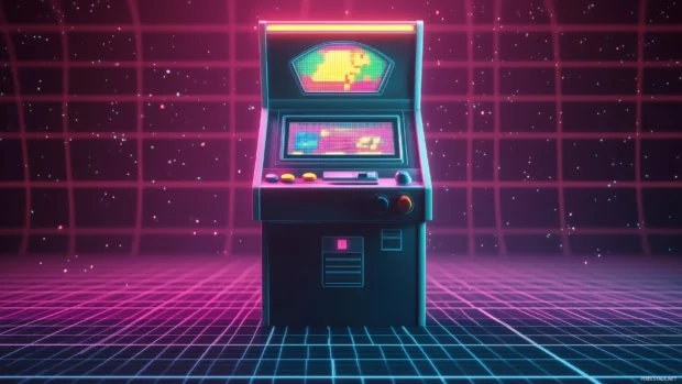 Retro gaming wallpaper, pixelated arcade machine, neon lights, glowing buttons, vibrant grid background.