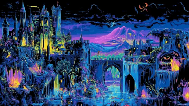 Retro gaming wallpaper, pixelated enemies and heroes, classic side scrolling battle, vibrant neon details.
