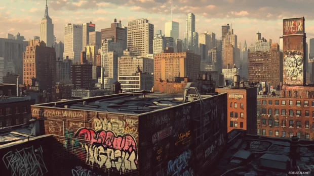 Retro graffiti cityscape wallpapers featuring 90s style bubble tags across rooftops.