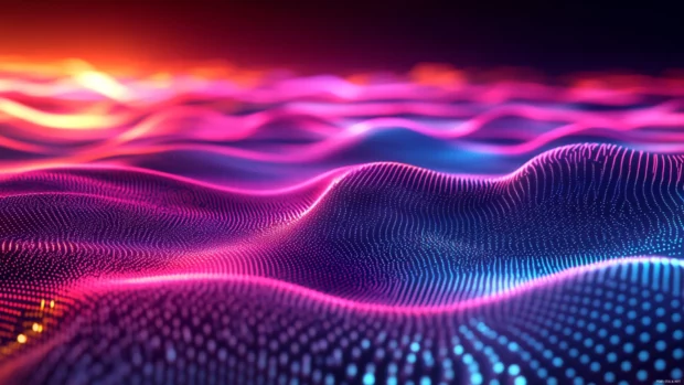 Retro grid landscape with cool neon sunset, Cool neon wave pattern.