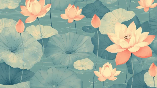 Retro inspired wallpaper featuring lotus flowers and lily pads in soft pastel colors, with bold outlines and a vintage teal background, Retro style.