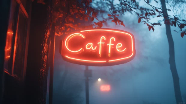 Retro neon sign wallpaper, Retro cafe neon sign glowing in mist.