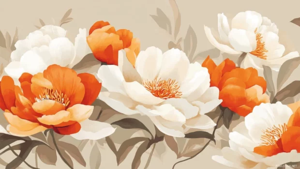 Retro peonies drawn in blocky graphic art with beige and orange.