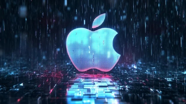 Retro pixel Apple logo glowing in a digital rain backdrop.