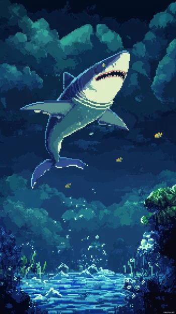 Retro pixel shark jumping through arcade style sea.