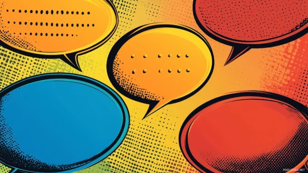 Retro pop art wallpaper, comic speech bubbles, iconic phrases, vibrant red yellow blue, halftone texture.