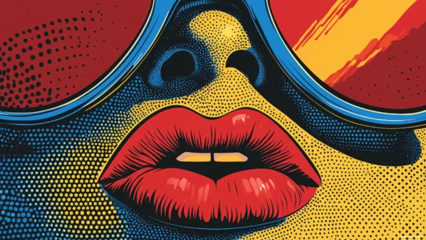 Retro pop art wallpaper with oversized sunglasses and lips, featuring vibrant reds, blues, and yellows, accented by bold black outlines and halftone textures, Retro style.