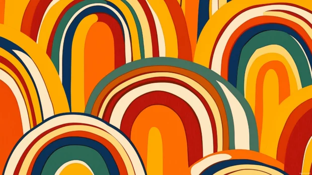 Retro rainbow seamless pattern, groovy arches, earthy tones, orange background, 70s style, wallpaper fabric print.