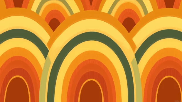 Retro rainbow seamless pattern with groovy rainbow arches in earthy tones on an orange background, 70s style retro design for wallpaper or fabric print, Retro style.