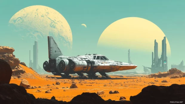 Retro sci fi planet scene, futuristic PC wallpapers 1920x1080 for creative professionals.