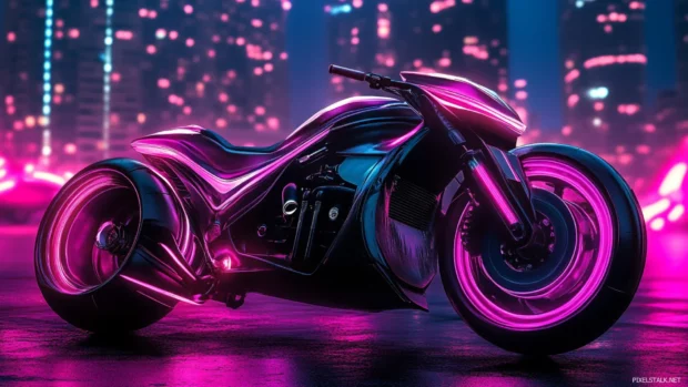 Retro skyline bathed in vaporwave neon colors, Cyberpunk neon motorcycle wallpaper.