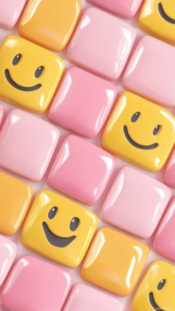 Retro smiley faces tiled in pastel pink and yellow squares.