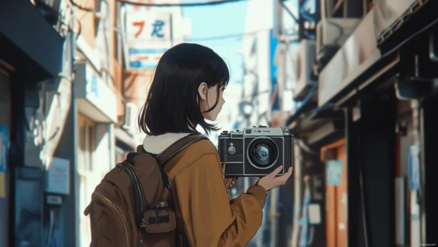 Retro street scene as anime girl glances back with vintage camera.
