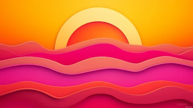 Retro style 70s wallpaper, sunset gradient, fluid wavy lines, warm oranges and pinks.