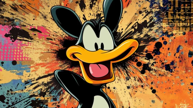 Retro style Daffy Duck wallpaper with vibrant pop art elements and dramatic comic panels.