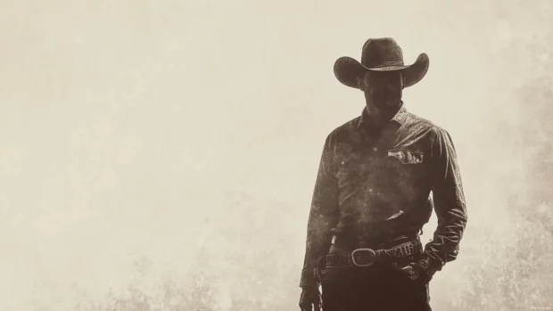 Retro style cowboy desktop wallpaper with muted tones and vintage effect.
