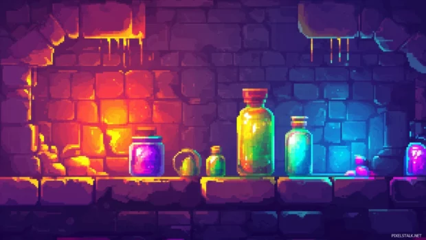 Retro style dungeon crawler wallpaper, pixel art treasures, glowing potions, retro UI overlay.