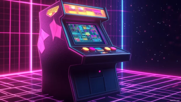 Retro style gaming wallpaper, pixel arcade machine, neon lights, vibrant grid background.