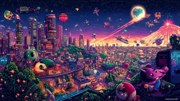 Retro style gaming wallpaper, pixel art spaceships, laser beams, vivid neon grid background.