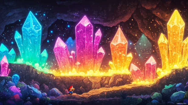 Retro styled Super Mario World Wallpaper showing the underground stage with glowing crystals.