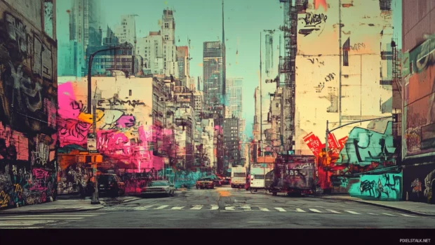 Retro styled cityscape featuring layered vintage graffiti.