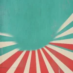 Retro sunburst motif radiating from corner of teal screen.