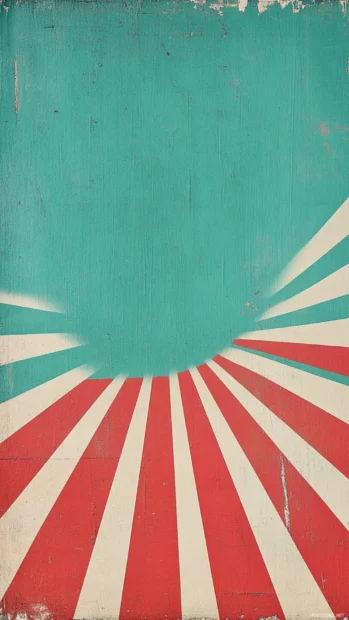 Retro sunburst motif radiating from corner of teal screen.