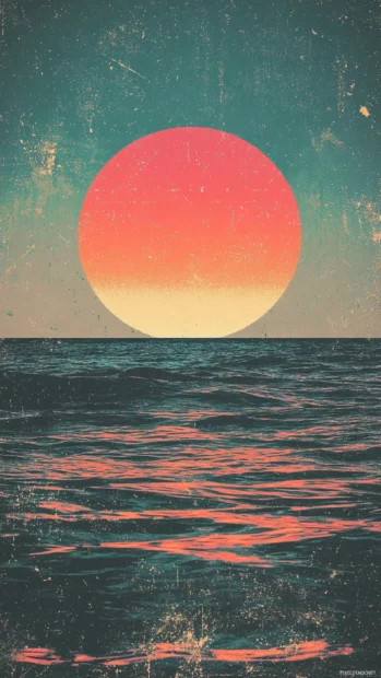 Retro sunrise with grain and halftone texture in muted palette.