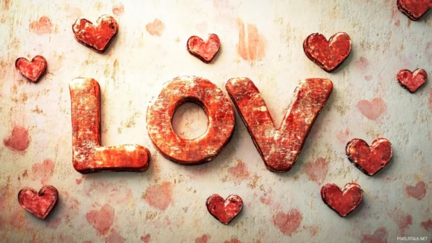 Retro typography spelling out Love surrounded by hearts.
