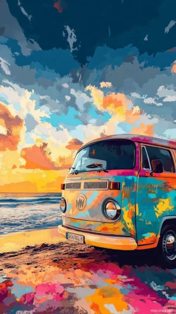 Retro van parked by the beach radiating joyful summer vibes wallpapers energy.
