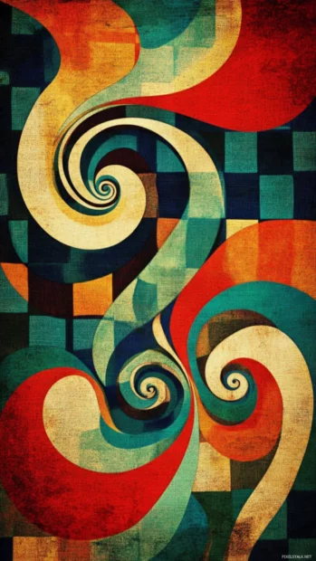 Retro wallpaper HD for desktop with funky swirls and checkered background.