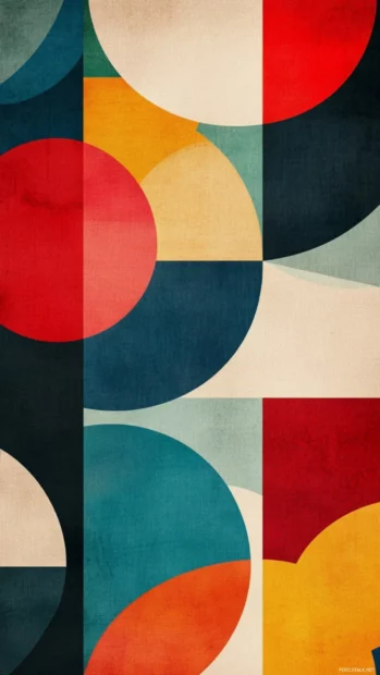 Retro wallpaper HD for iPhone with colorful geometric shapes in mid century style.