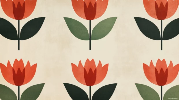Retro wallpaper design with minimalistic floral motifs in bold red and green, arranged symmetrically on a soft beige background, Retro style.