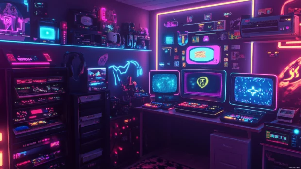 Retro wallpaper, pixelated dungeon crawler, glowing potions, pixel treasures, retro UI overlay.
