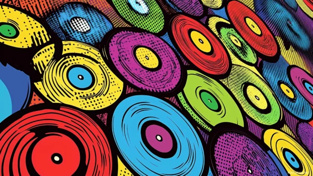 Retro wallpaper, vinyl record pattern, neon shades, bold pop art lines, halftone texture.