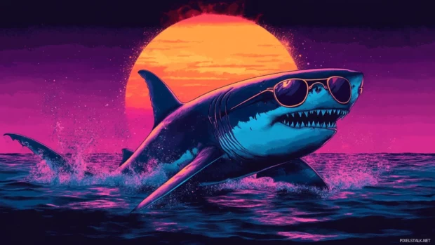 Retro wave shark with sunglasses and sunset backdrop in cool shark wallpaper.