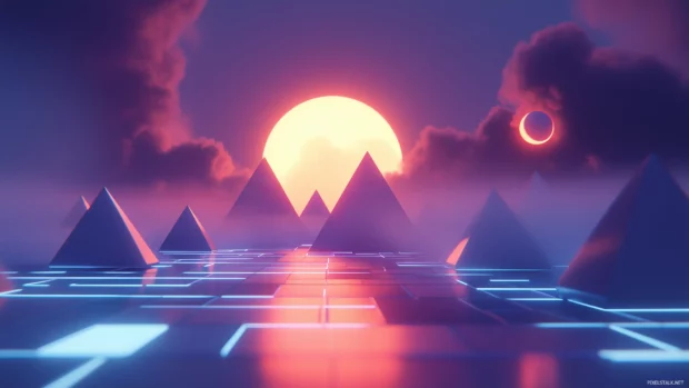 Retrowave grid landscape, glowing pyramids, vibrant pink orange sun, dramatic dark clouds, retro style.