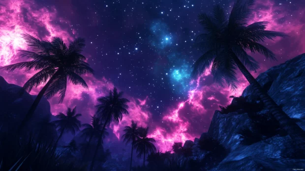 Retrowave inspired neon grid landscape featuring glowing palm trees, a dark starry sky, and shimmering constellations, Retro style.