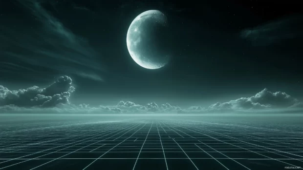 Retrowave neon grid, subtle highlights, glowing moon, dark serene backdrop, retro style.