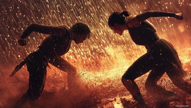 Rey battling Kylo Ren in rainstorm, cinematic Star Wars wallpaper in high definition.