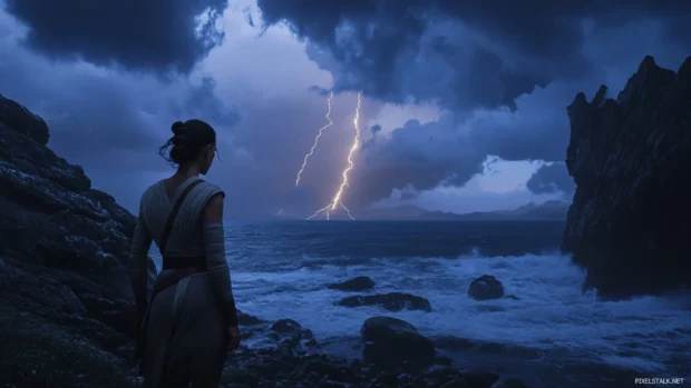Rey standing firm in a lightning storm on Ahch To.