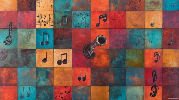Rhythmic tile design with colorful music themed elements.