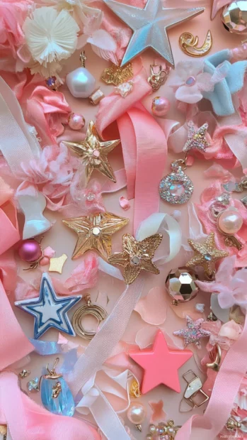 Ribbons, stars and vintage earrings arranged in a girly collage.