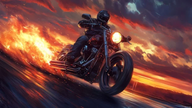 Rider revving Harley Davidson at dusk, stunning Harley Davidson background wallpaper for computers.