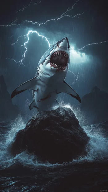 Ripped shark posing on sea boulder with lightning strikes.