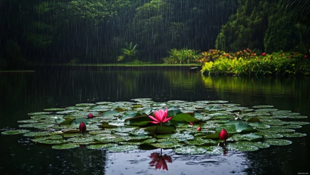 Ripples expanding across a still pond under falling raindrops.