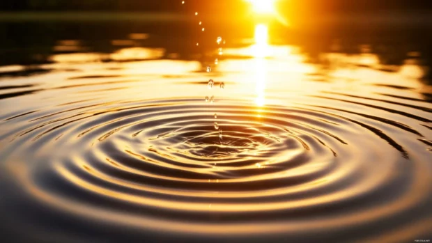 Ripples in the water forming symmetrical patterns under golden sunlight.
