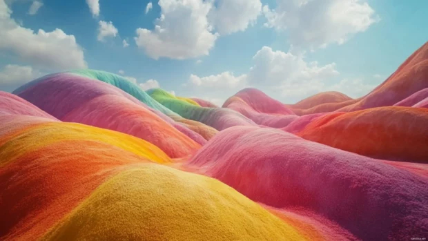 Rippling landscape of melting color hills and swirling skies in a soft trippy animation.