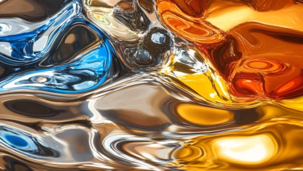 Rippling metallic surfaces reflecting vivid colors in motion.