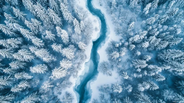 River winding through a snowy forest, premium snow winter wallpaper for PCs.